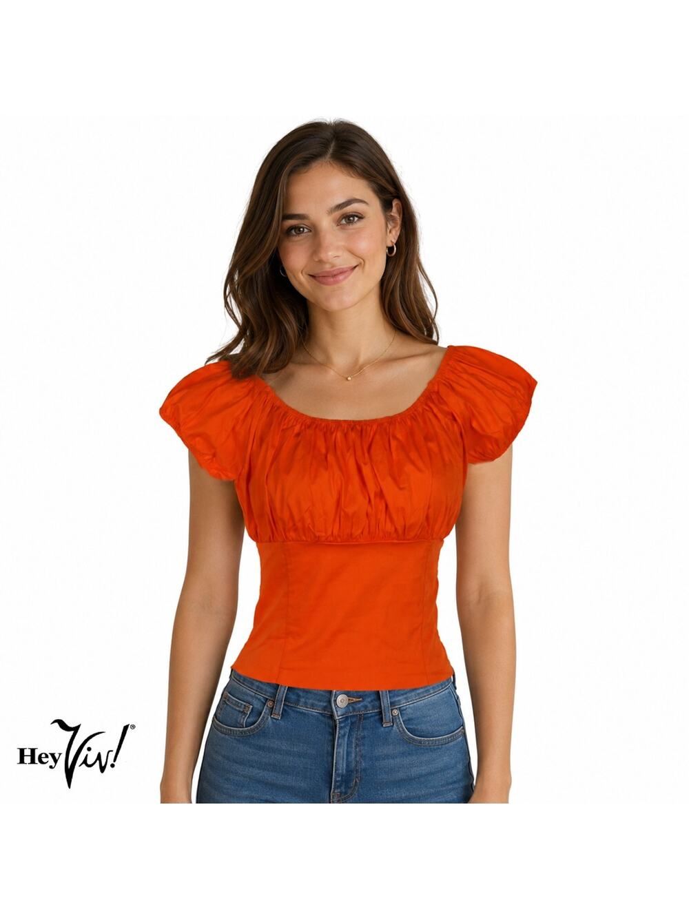 Orange Peasant Blouse Top On/Off Shoulder Smocked Back Retro Size M - Hey Viv